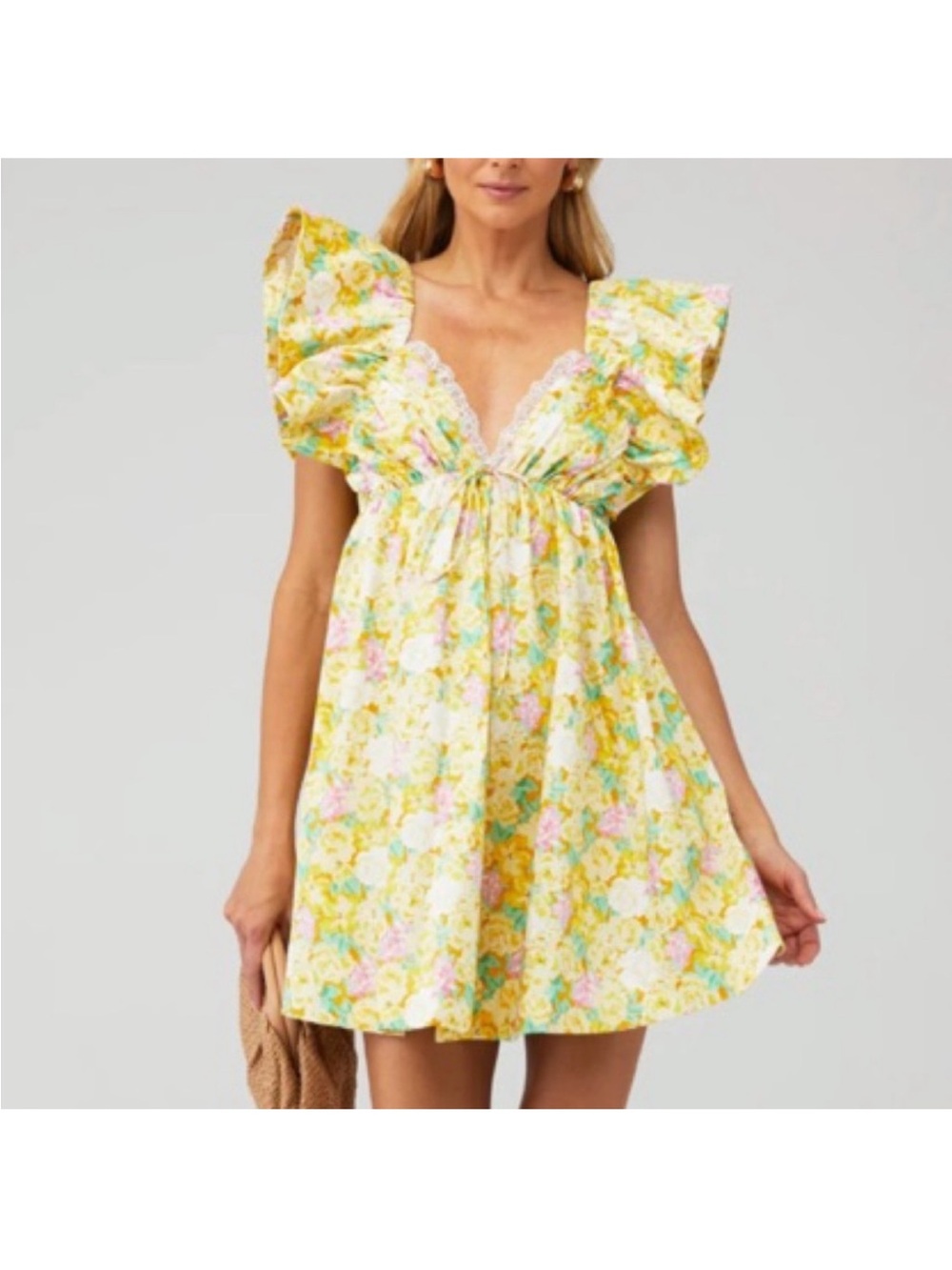 For Love and Lemons Tamra Yellow Floral and Lace Mini Dress